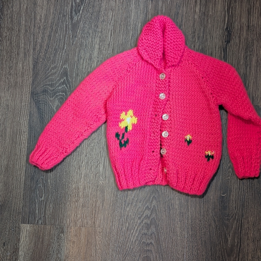 Vintage Handmade Hot Pink Floral Cardigan W/ Skunk  Size 12 Months cowichan